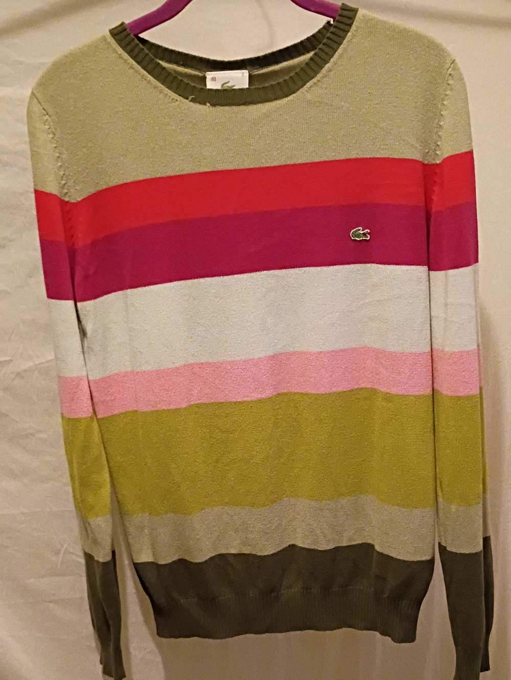 Lacoste Womens Multicolor Striped Crewneck Sweater - Olive/Red/Pink